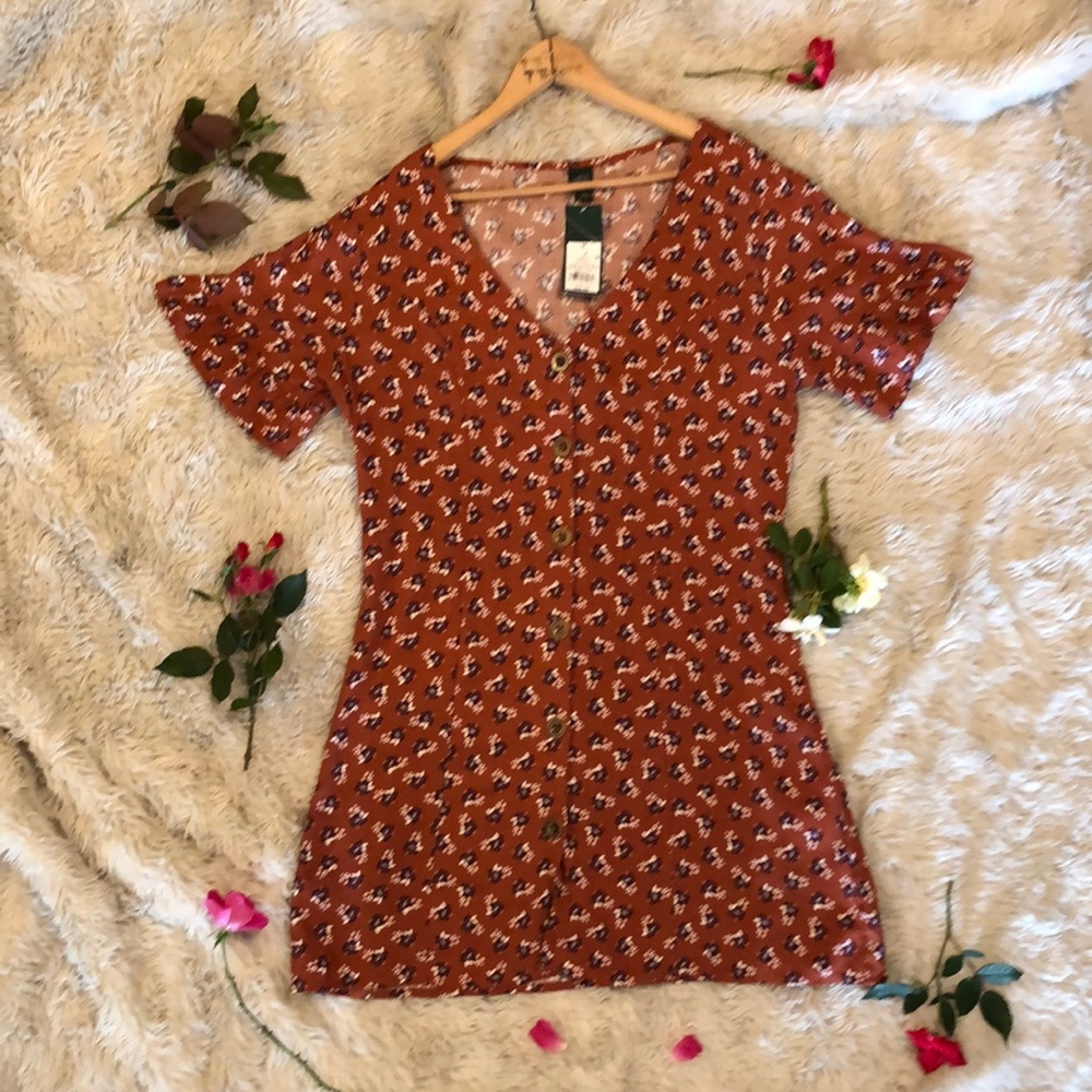 Burnt umber floral button up mini dress with belt